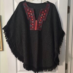 Black Poncho with Red Embroidery